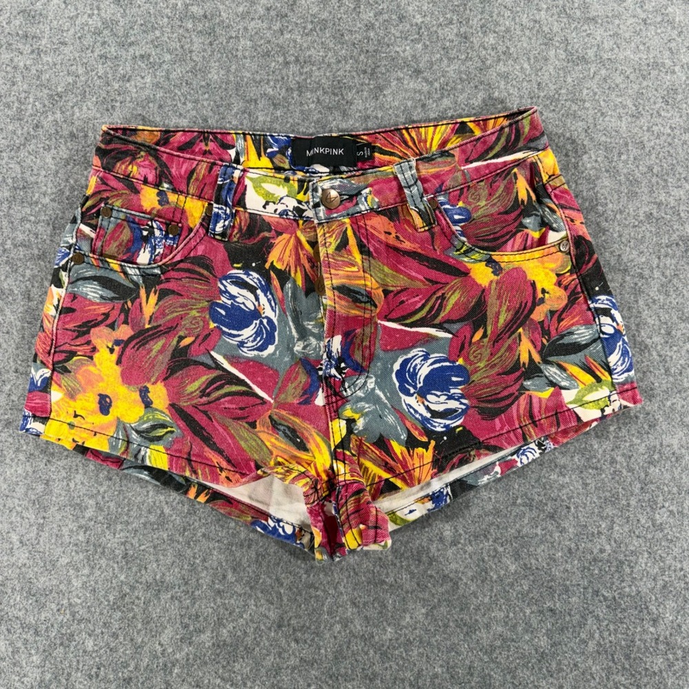 MinkPink Floral Denim Shorts Womens Small Multicolor Tropical High Rise Festival